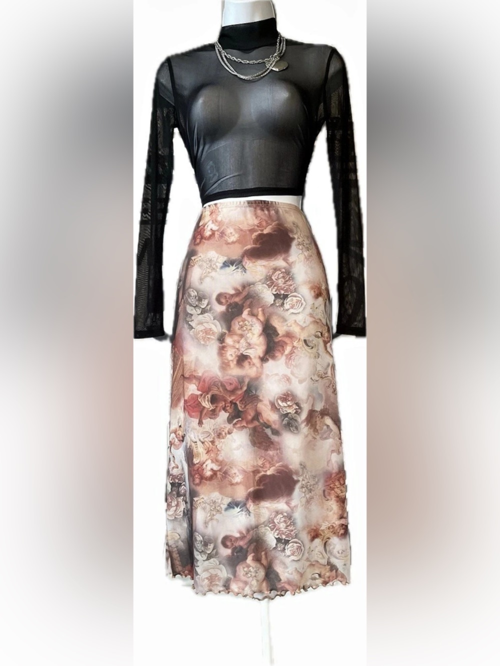 Y2K No Boundaries Cherub Angel and Floral Midi Skirt Pink & Brown Size Large Lik